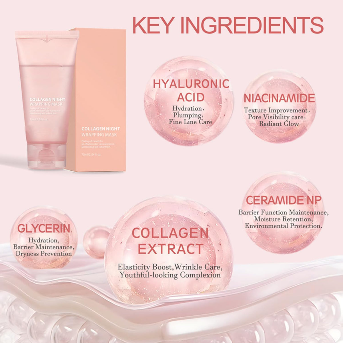 Collagen Overnight Wrapping Peel off Facial Mask Pack,Hydrates and Tightens Skin,Reduces Sagging,Elasticity & Hydration Care with Brush 2.54 Fl.Oz